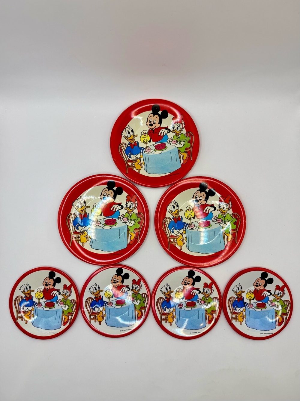 Vintage Walt Disney Productions Lithograph Metal Toy Plate Set of 7